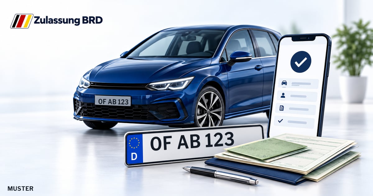 Online Fahrzeugzulassung in Neu-Isenburg: Musterkennzeichen OF AB 123, Auto und Fahrzeugpapiere und Smartphone. Illustration mit Logo von Zulassung BRD.